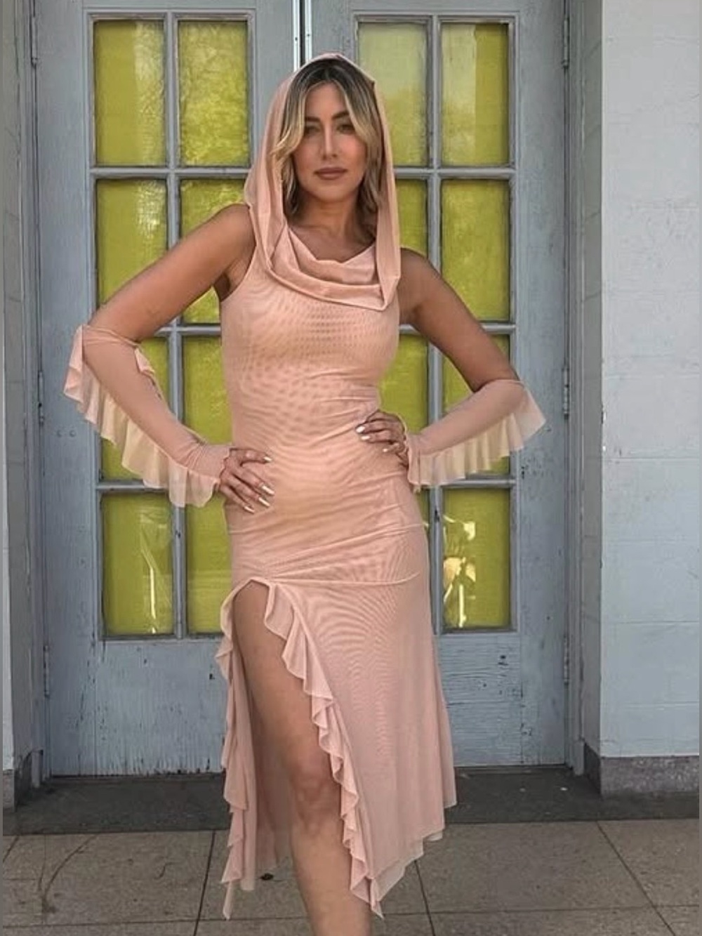 Hooded Biege Midi Dress
